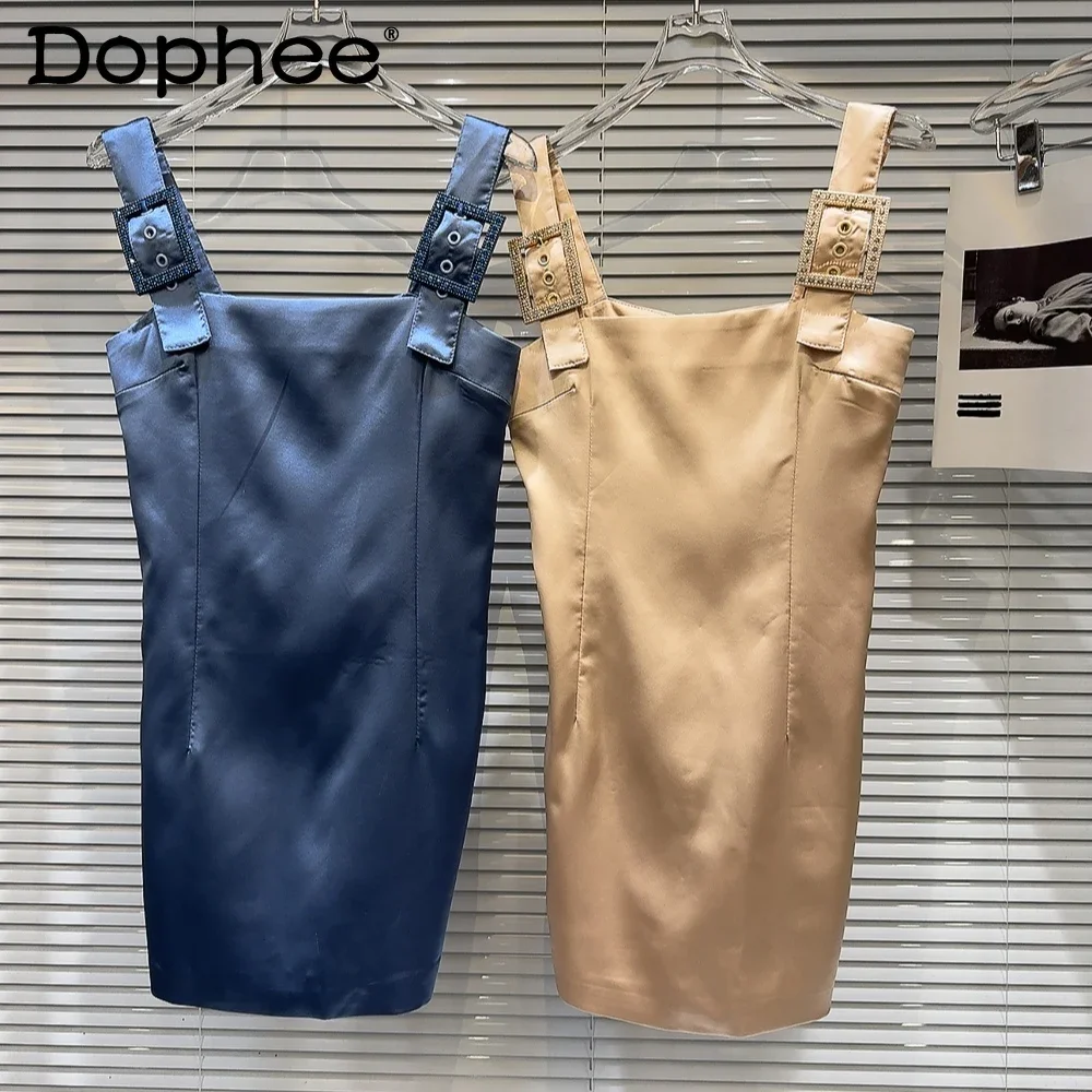 Dress for Women 2024 Early Autumn New Vintage Dress Rhinestone Buckle Shoulder Strap Design Satin Exquisite Strap Dresses Female