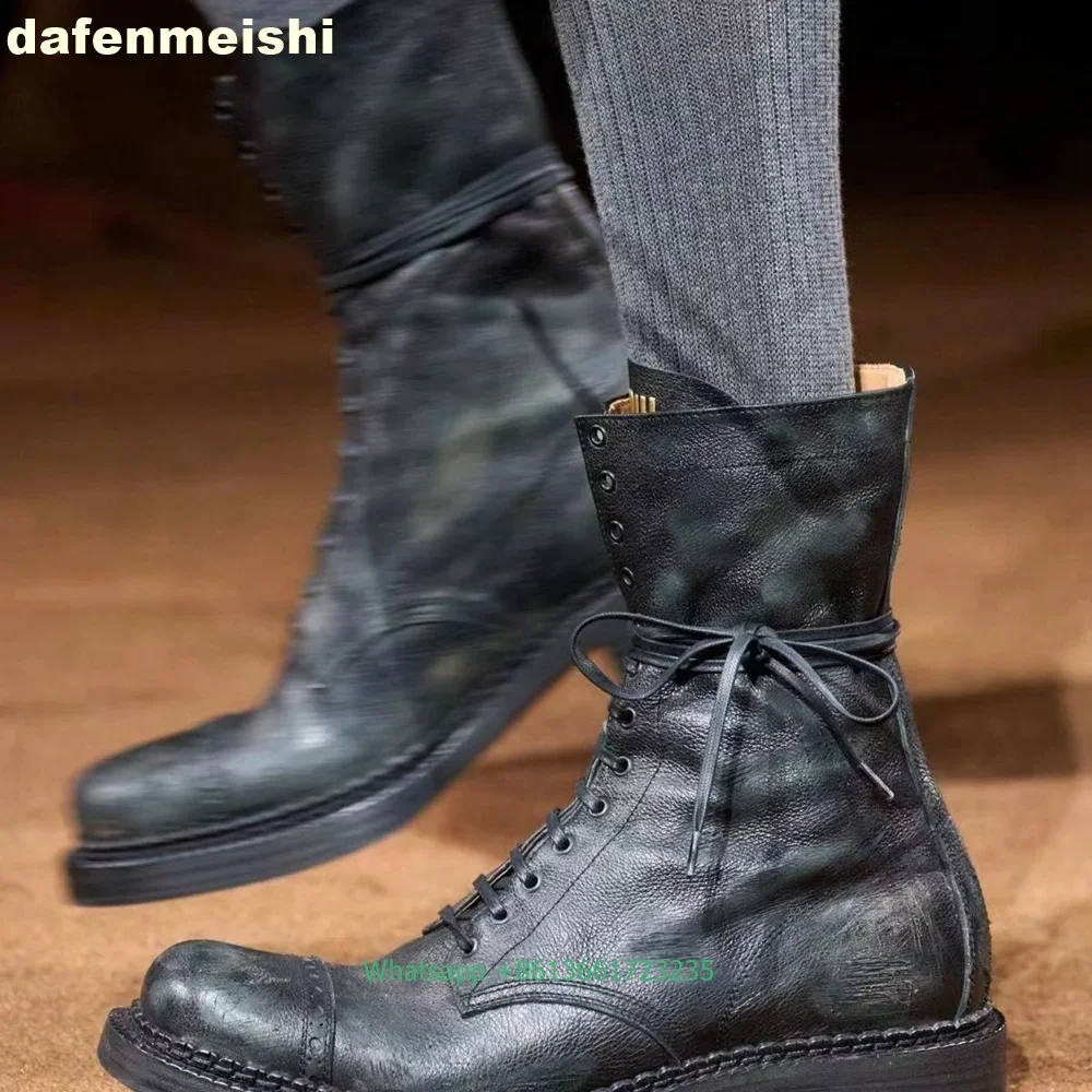 Genuine Leather Splicing Short Boots Cowhide Thick Bottom Lace-Up Motorcycle Boots 2026 Women\'s Black/white Western Cowboy Boots