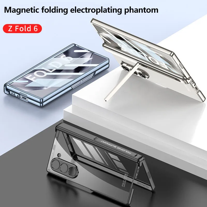 

Magnetic Folding Electroplating Transprent Case For Samsung Galaxy Z Fold 6 5G Z Fold6 With Bracket Hinges Protective Cover