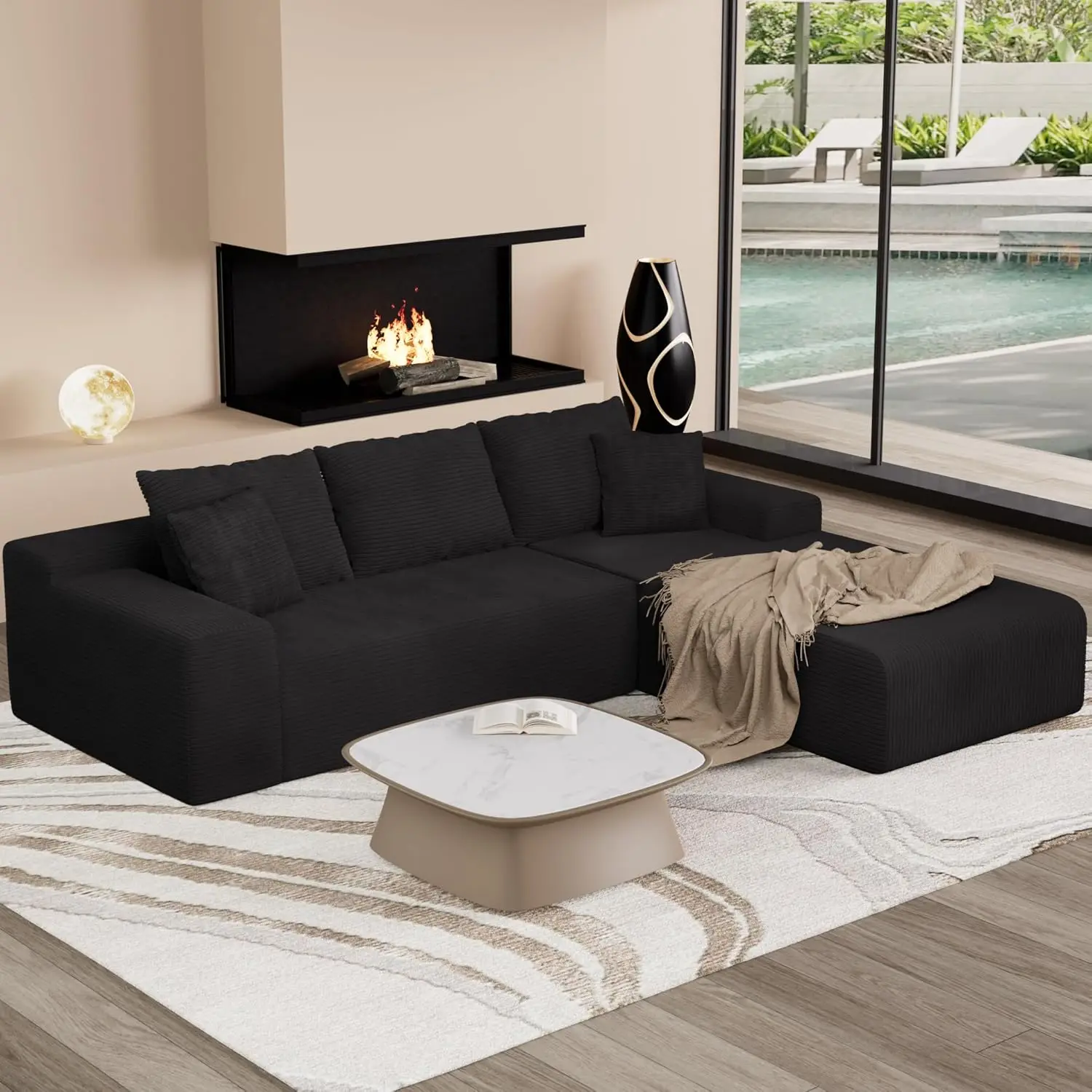 Sofá Modular Seccional de 106 Polegadas com Assento Profundo em L, Chaise para Sala de Estar e Quarto, Preto Personalizado