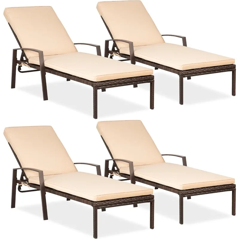 4 Pieces Patio Lounge Chair Set, Patio Chaise Lounges with Thickened Cushion, PE Rattan Steel Frame Pool Lounge Chair Set