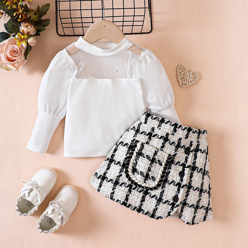 Toddler Girl 2 Piece Outfit Mesh Patchwork Long Sleeve Shirts and Elastic Plaid A-Line Skirt Set For Toddler Fall Clothes