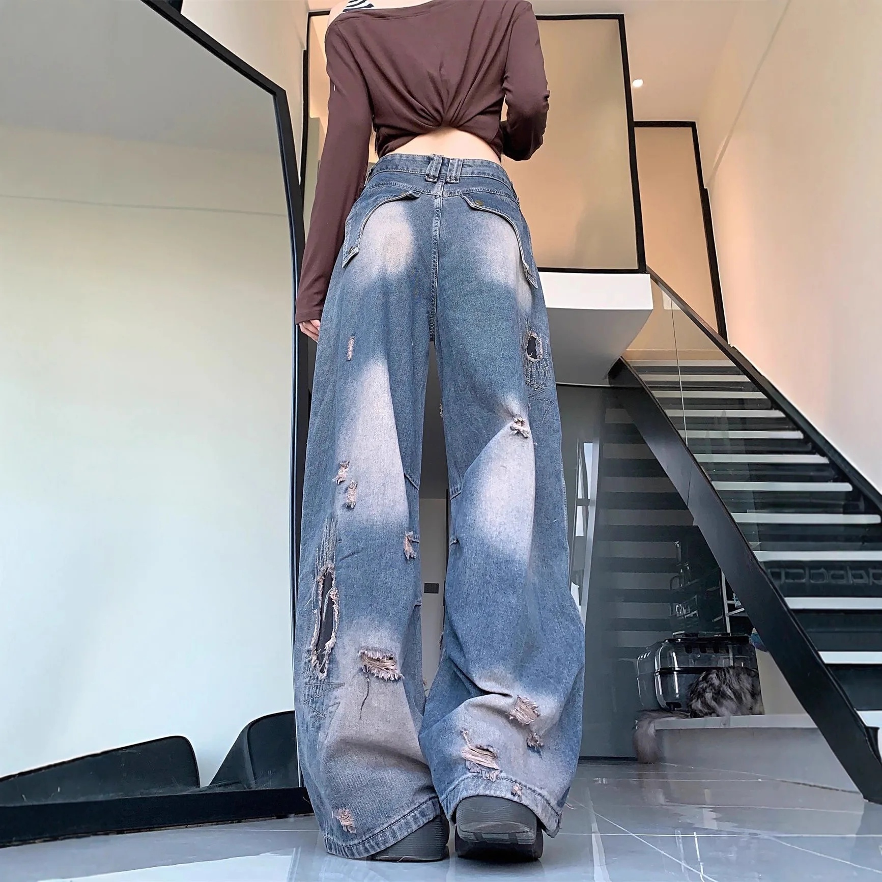 High Waist Jeans Women Patchwork Denim Pants Ripped Washed Wide Leg Streetwear Punk Hip Hop Style Trousers Ladies