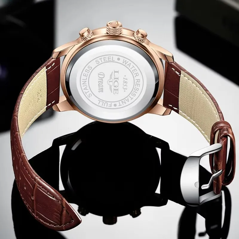 LIGE Jam Tangan Pria Jam Tangan Bisnis Kasual Jam Tangan Chronograph Bercahaya Tanggal Tahan Air Mewah Pria Jam Kuarsa Jam Kulit