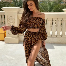 Kobiety Plaża 2 szt. Leopard Bikini 2024 Cover-Ups Strój kąpielowy Off Shoulder Top Sukienki plażowe z wysokim stanem Seksowne damskie bikini Cover Up