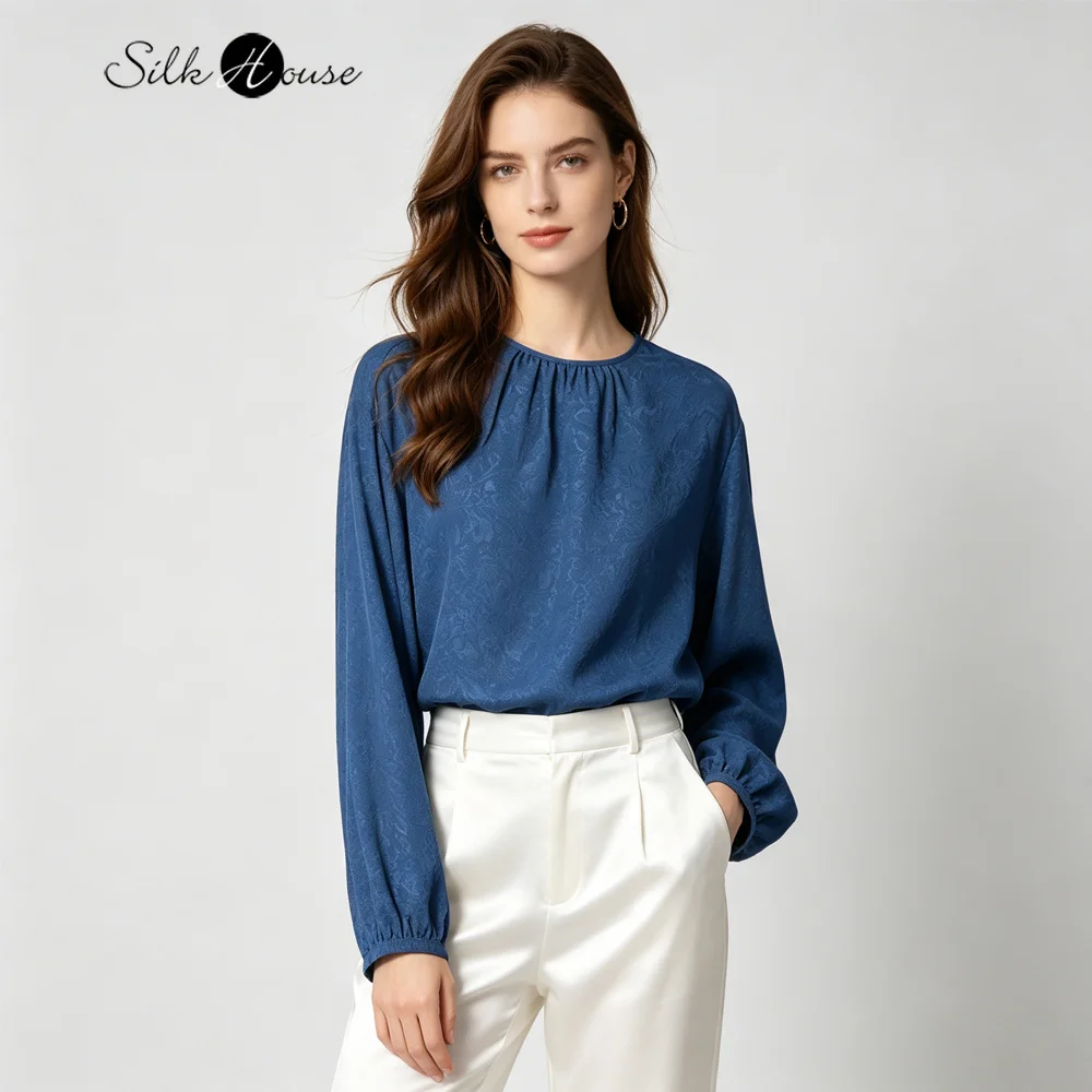 

2026 Women's Casual Early Autumn New Blue Relief Daisy Jacquard 100%Natural Mulberry Silk Round Neck Lantern Long Sleeve T-shirt