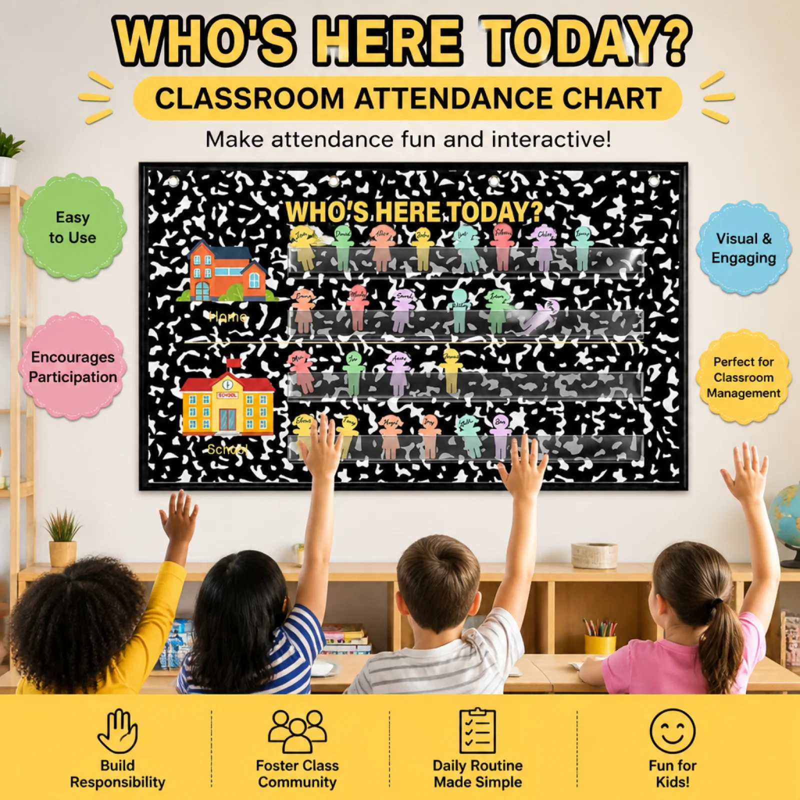 Classroom Attendance Pocket Chart Black and White Spotted Design Attendance Pocket Chart Wall-Hanging Classroom Organizer