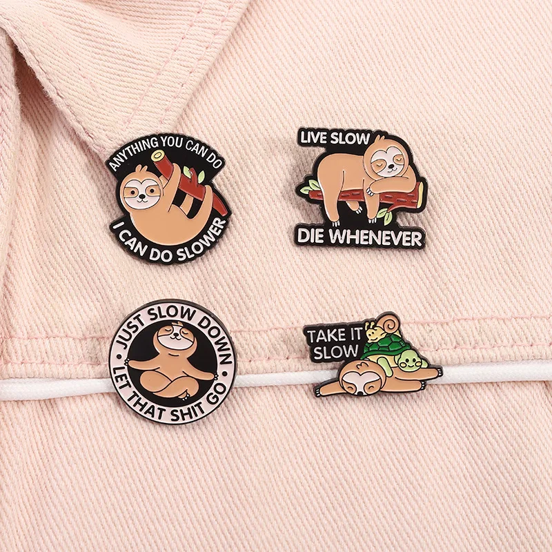 Cartoon Sloth Enamel Brooch Lapel Pin Just Slow Down Coffee Doughnut Banana Snow Mountain Scenery Cute Sloth Metal Badge Jewelry