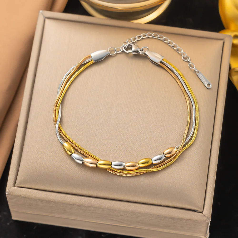 316L Stainless Steel New Fashion Fine Jewelry Minimalism 3-Layers 3 Colors Bead String Charm Chain Bracelets For Women