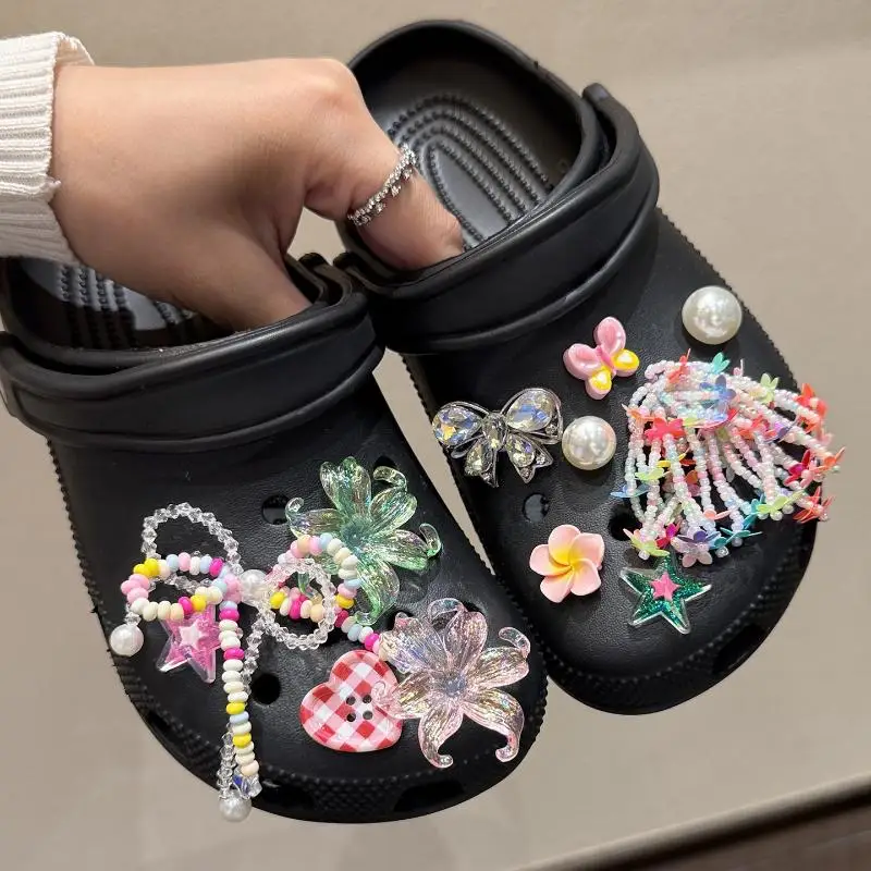 12Pcs Detachable Shoe Flower Shoe Charms DIY Colorful Butterfly Seaweed Bead Chain Shoe Buckle Hole Accessories For Girls