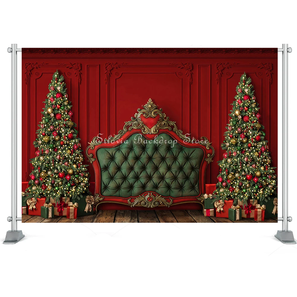 Christmas Photography Backdrop for Regal Red Green Headboard Background Xmas Tree Gift Decor Kids Portrait Photo Studio Props