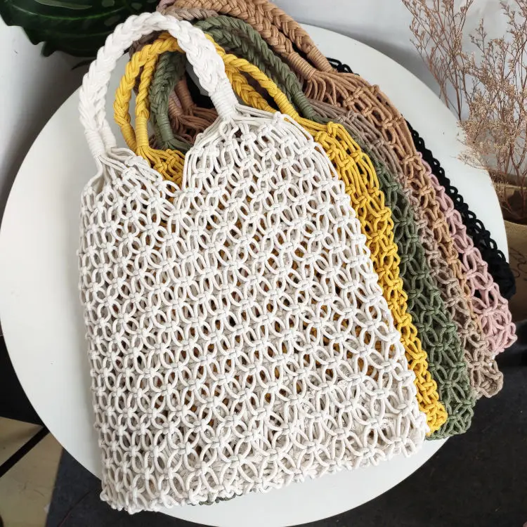 Women Bag Bucket Cotton Beach Bag Woven Bag Casual Hollow Out Solid SOFT High-Capacity Shoulder Bag Handbag