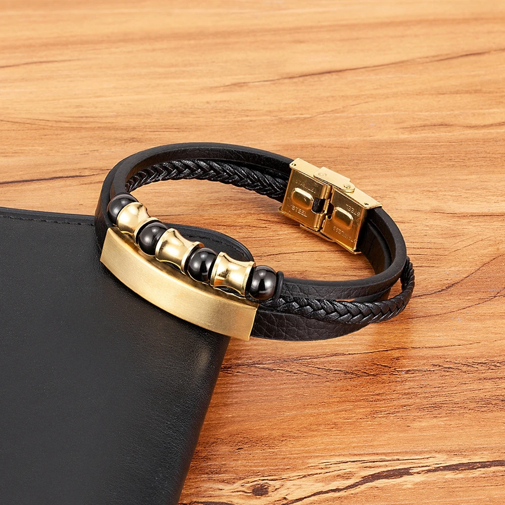 XQNI Stainless Steel Bracelet Men Magnetic Punk Black Leather Wristband Mature and Elegant Giving Bangle The Best Gift for Men