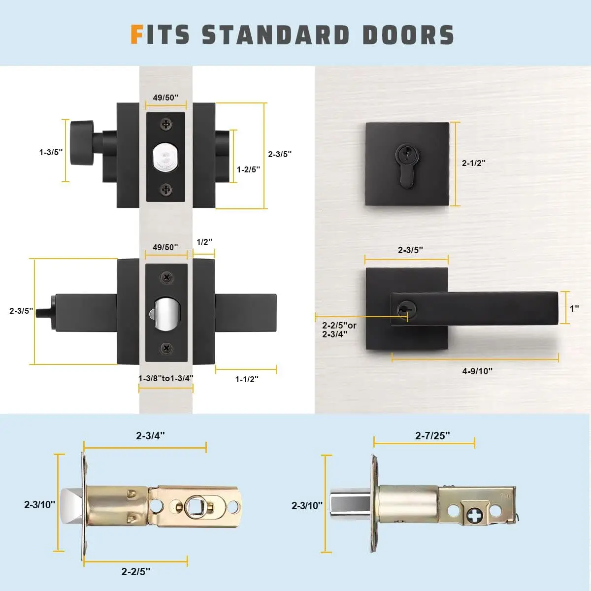 6 Pack Heavy Duty Front Door Entry Lever Lockset and Single Keyed Square Deadbolt Combination Set, Matte Black(Keyed Alike)