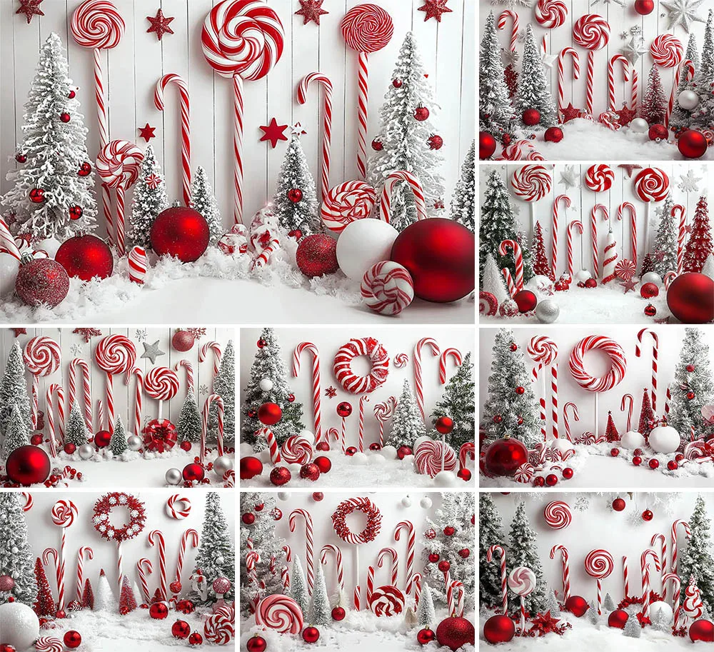 Mehofond Christmas Candyland Photography Backdrop Newborn Birthday Party Snow Balls Lollipops Trees White Background Photozone