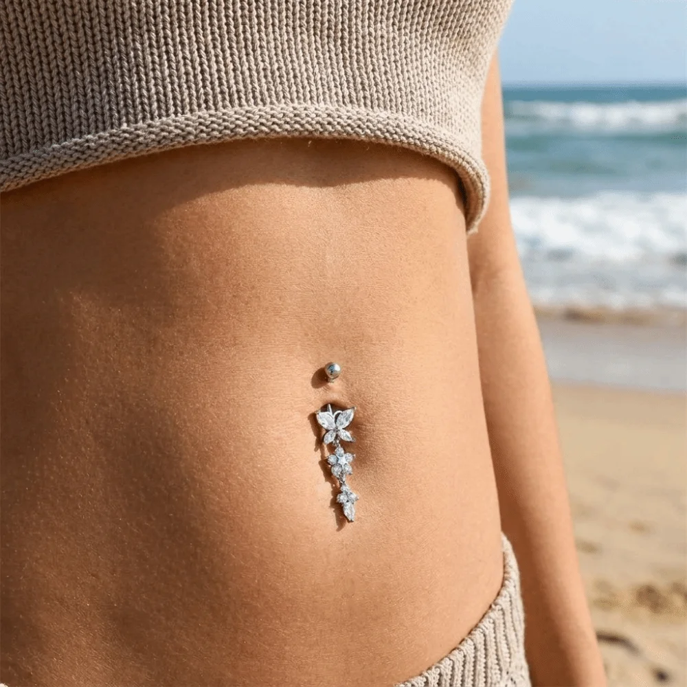 Unique Zircon Butterfly Belly Button Ring Elegant Long Chain Body Piercing Jewelry Curved Barbell Stainless Steel