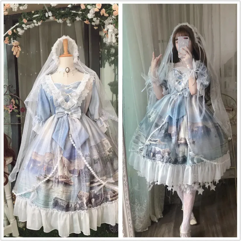 Gothic Victorian Lolita Dress Op Swan Princess Castle Lolita Flower Wedding Oil Painting Kawaii Print Palace Fairy Dream Dress