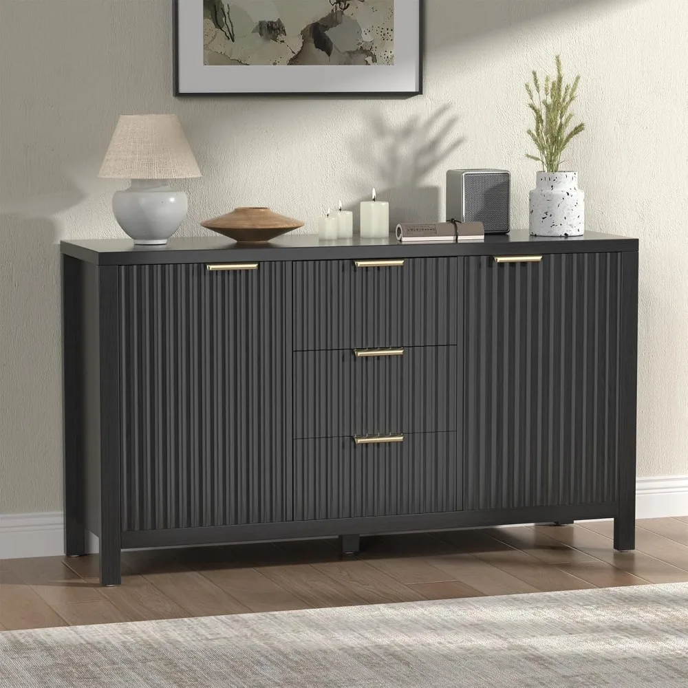 

Storage Cabinet Fluted Sideboard Buffet Cabinet with 2 Doors and 3 Drawers, 47"Buffet Cabinet with Adjustable Shelves