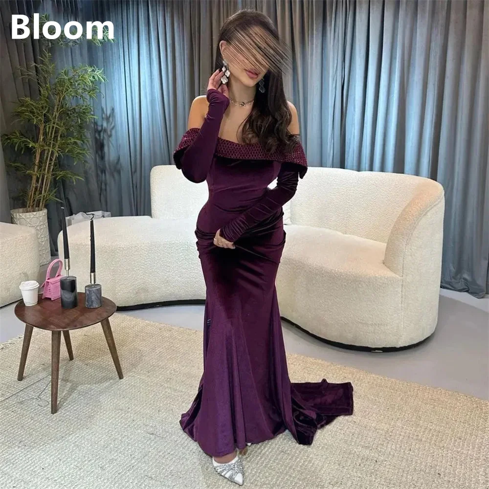 

Bloom Customized Prom Dresses Strapless Long Sleeve Open Back Velvet Elegant Evening Gowns For Women 2025 Sweep Train