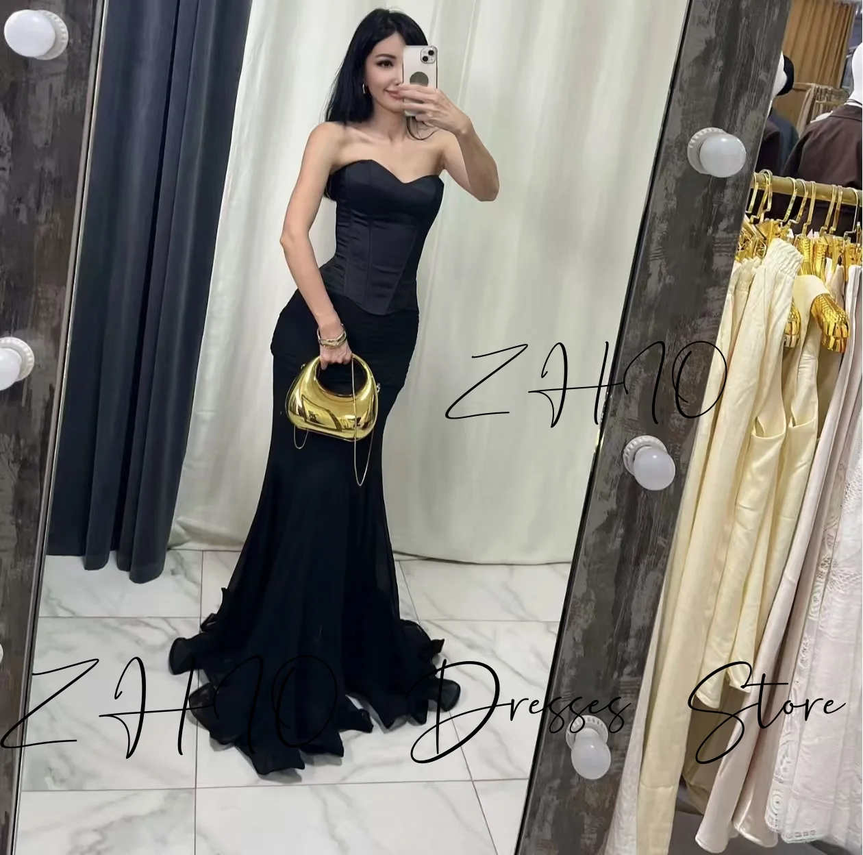 ZHIO elegante vestido de fiesta de boda de satén negro sin tirantes plisado Línea A hasta el suelo satén ocasión especial vestido de noche personalizado