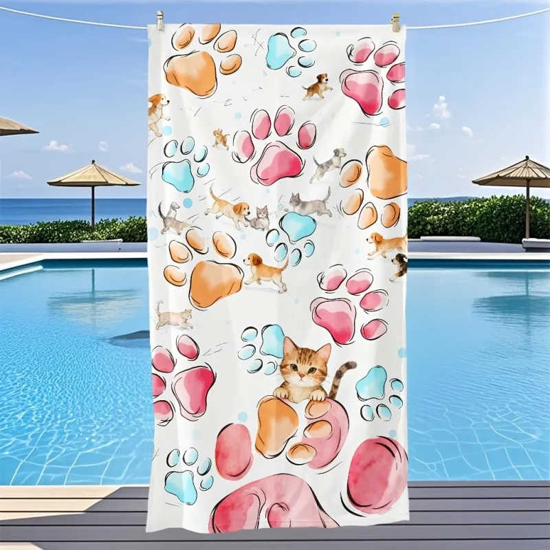 Watercolor Paw Pet Style White Base Pink Orange Paw Print Puppy Kitty Sketch Print Quick Dry Pet Lover Beach Towel