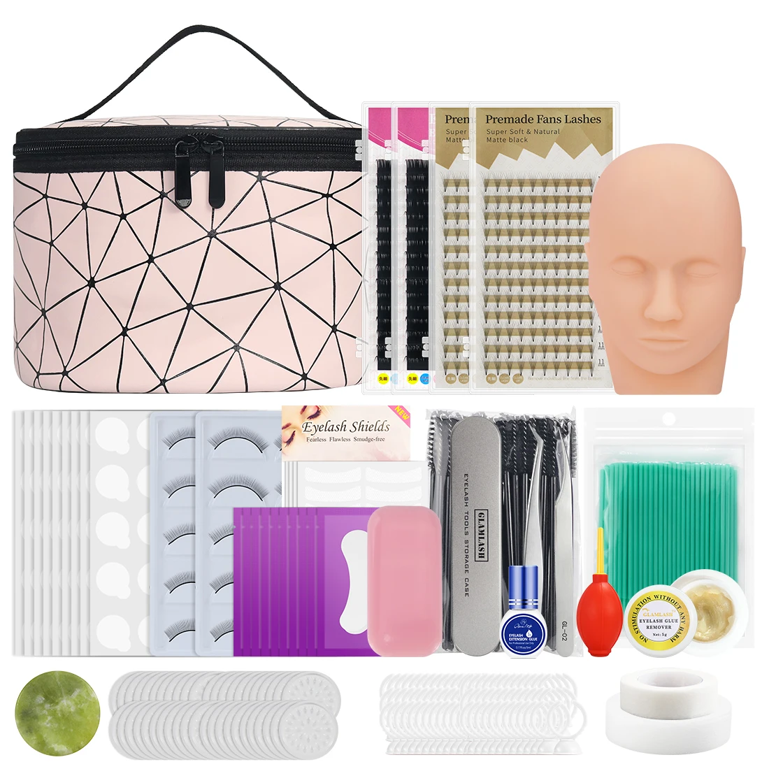 Kit de formation à l'extension de faux cils, modèle de pratique intérieure du maire, tête de brosse à cils, pince à épiler, anneau de colle, accessoires pour cils