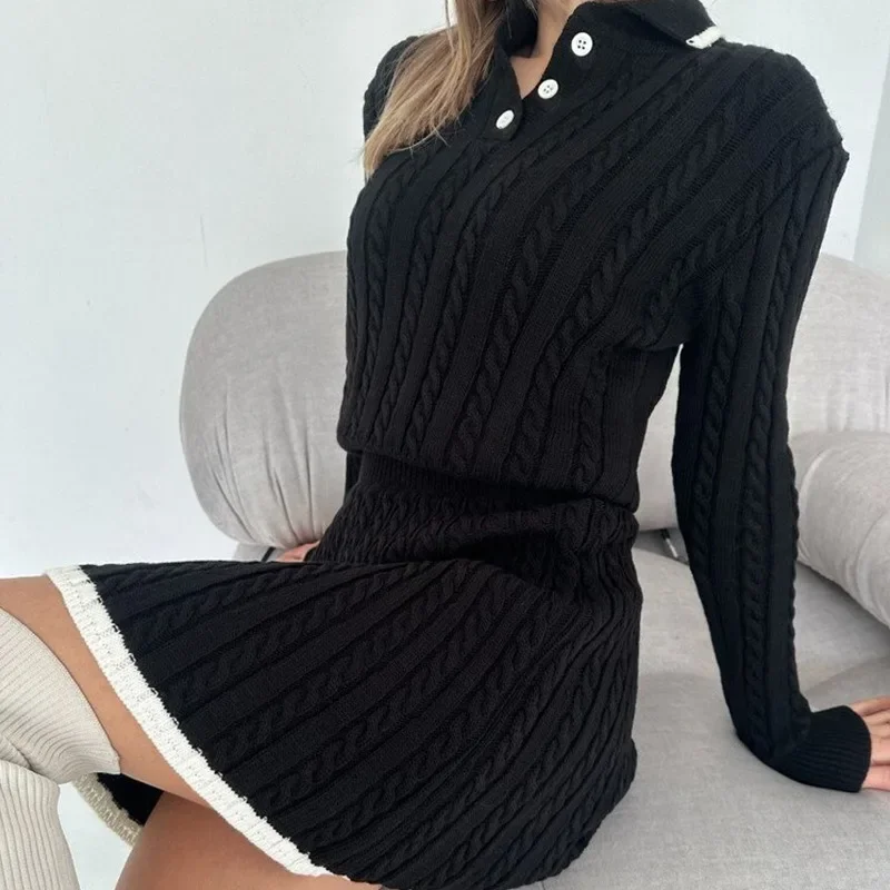 2024 New European and American Women\'s Casual Skirt Set Fashion Long Sleeve Knitted Button Sweater Short Skirt Two Piece Set