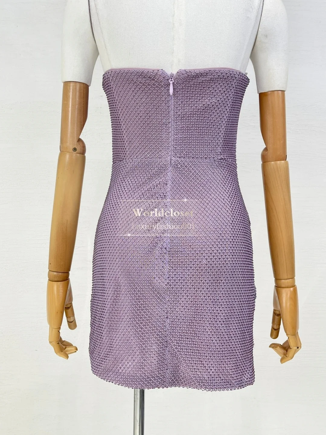 Strapless Women's Mini Dress for Party 2025 New Beautiful Purple Rhinestone Mesh Ruched