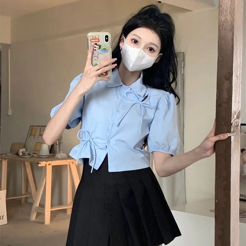 Blue Shirt Women Bowknot Drawstring Lantern Sleeve Turn-Down Collar Blouses Single Breasted Slim Office Lady Sexy Cropped Tops