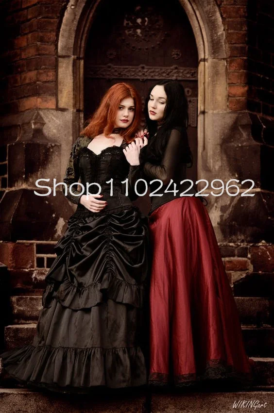 Vestidos de baile de beleza vitoriana, Vestidos góticos pretos vintage, Ruched Puffy Skirt, Vestidos de noite Halloween, Sweethear Long Sleeve