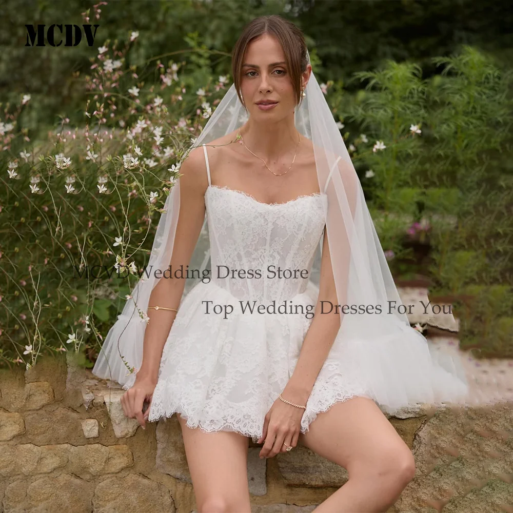 

Short Civil Weddings Dresses Bridal Applique Corest Back Lace Engagement Party Dresses A-Line Tulle Robe De Mariée Customized