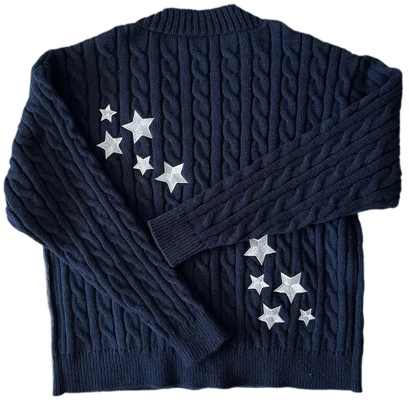 Dark Blue Midnights Star Embroidery Knitted Cardigan Winter Y2k Casual Thick Long Sleeved Single Breasted Women Sweater 001