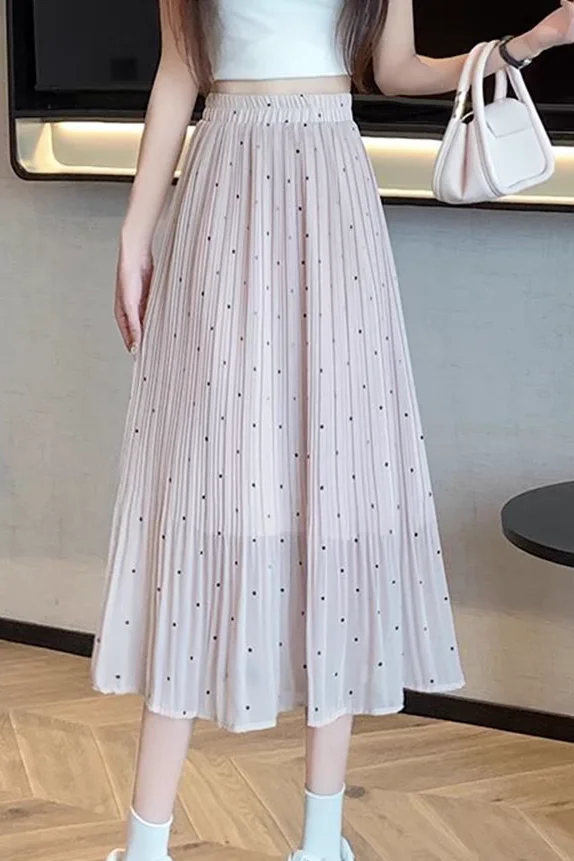 Polka Dot Chiffon Pleated Women's New Polka Dot Mid-length High Waist Drooping Slim and Versatile Skirt
