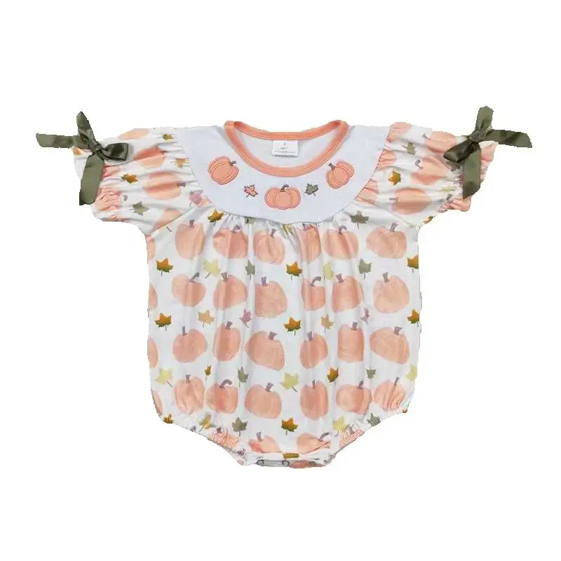 

Hot sale short sleeve girls orange Pumpkin Bows Bubble romper boutique clothing RTS Summer Jumpsuit baby clothes boys Romper