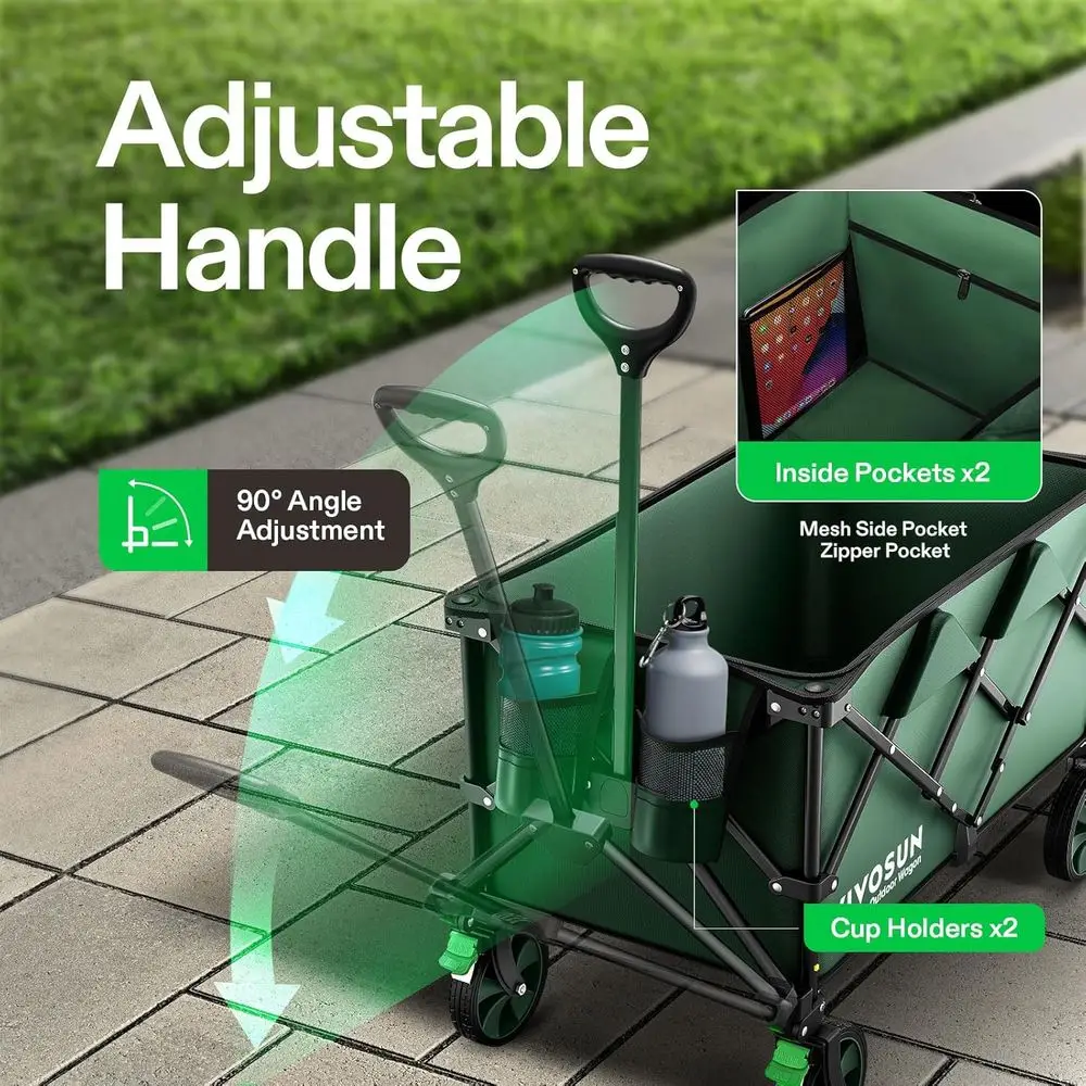 Folding Wagon 350lb Outdoor Utility Cart with Silent Wheels, Cup Holders, Side Pockets, Adjustable Handle for Camping, Gardening