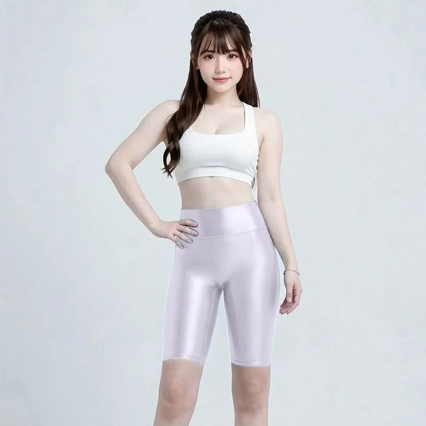 New High Waist Shiny Smooth Sexy Shorts Elastic Yoga Bottoms Tight Fit Polyester Nylon Blend Casual High Waist Butt Lifting