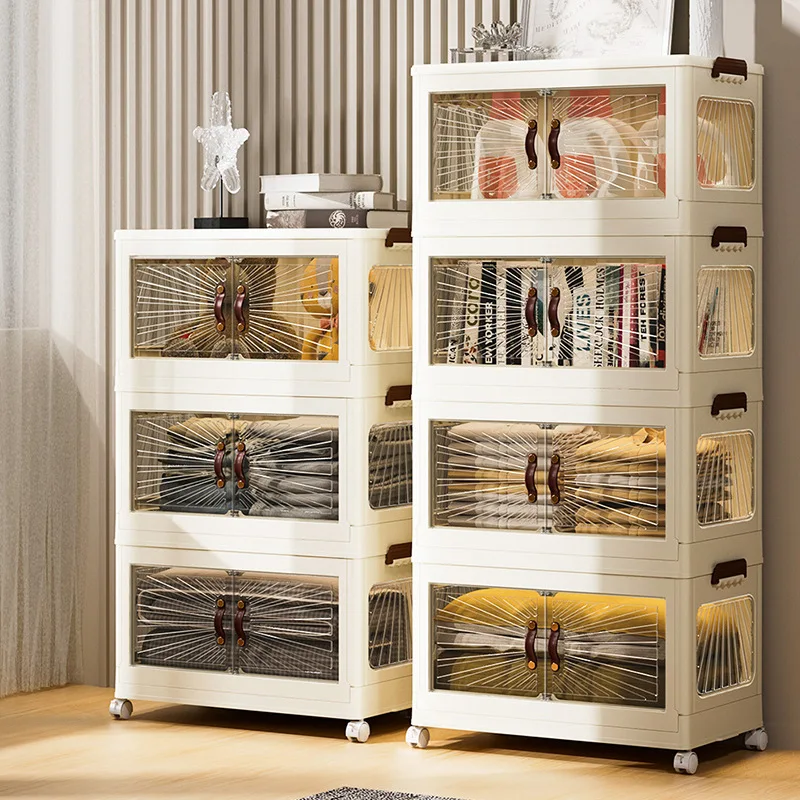 Double Door Storage Bins Transparent Stackable Foldable Organizer Closet Cabinets Folding Box Toys Large Capacity Wardrobe