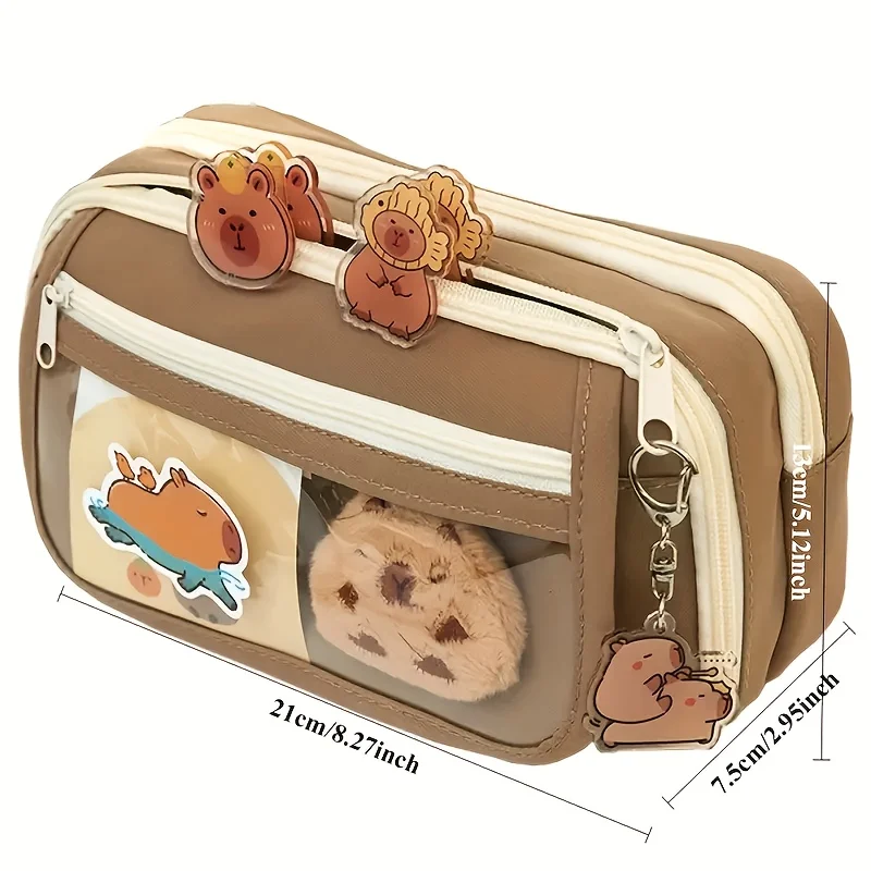Large Capacity Pencil Bag Capybara Cartoon Stationery Holder Bag With Brooches Stickers Clips Keychains Children Pen Case