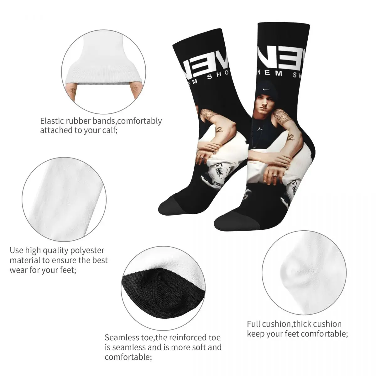 Chaussettes rétro Harajuku Eminem Street Style pour hommes, chaussettes d'équipage décontractées, nouveauté, détail en gros plan