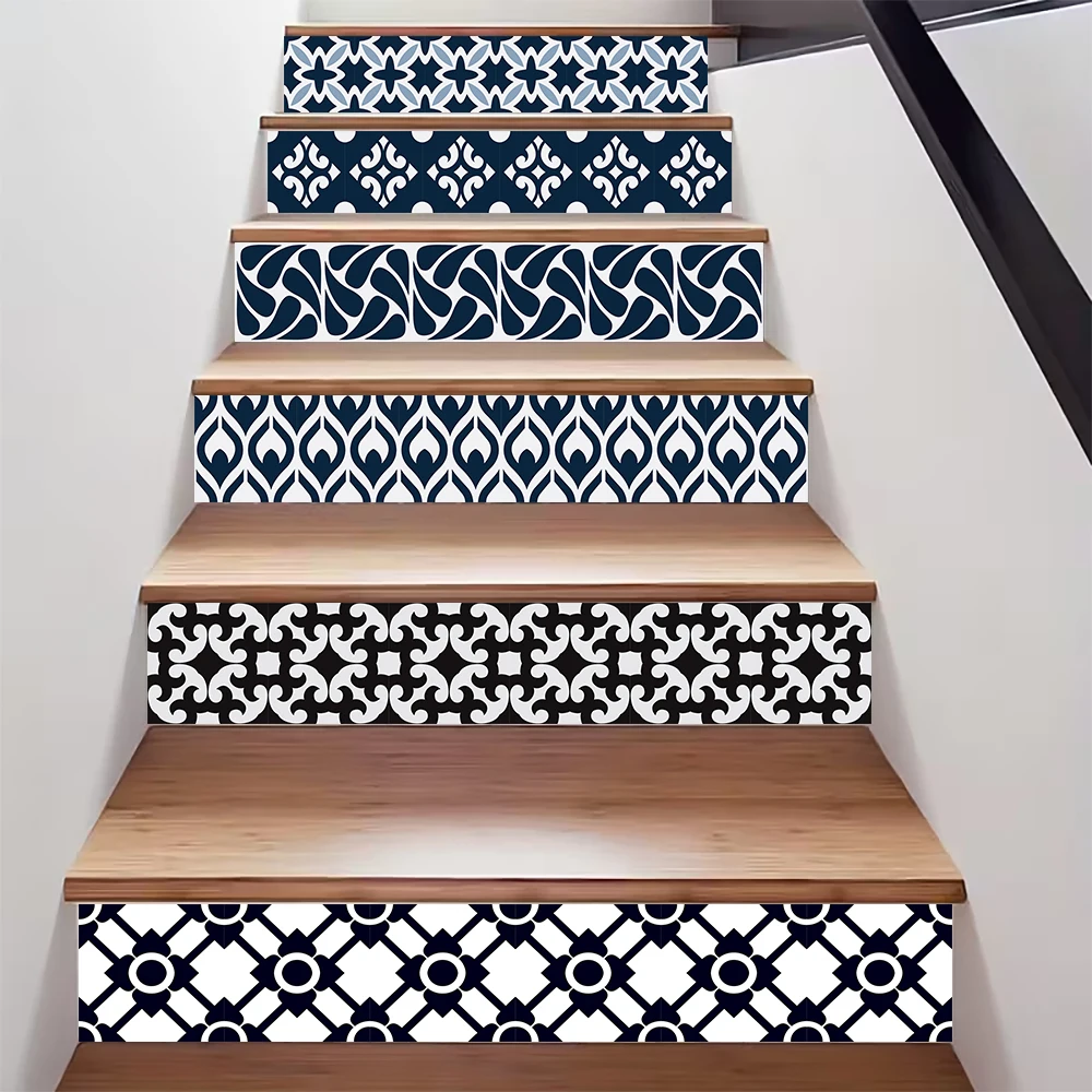 6/13 pcs Vintage Moroccan Tile Stair Riser Sticker Waterproof Removable Peel and Stick Decal