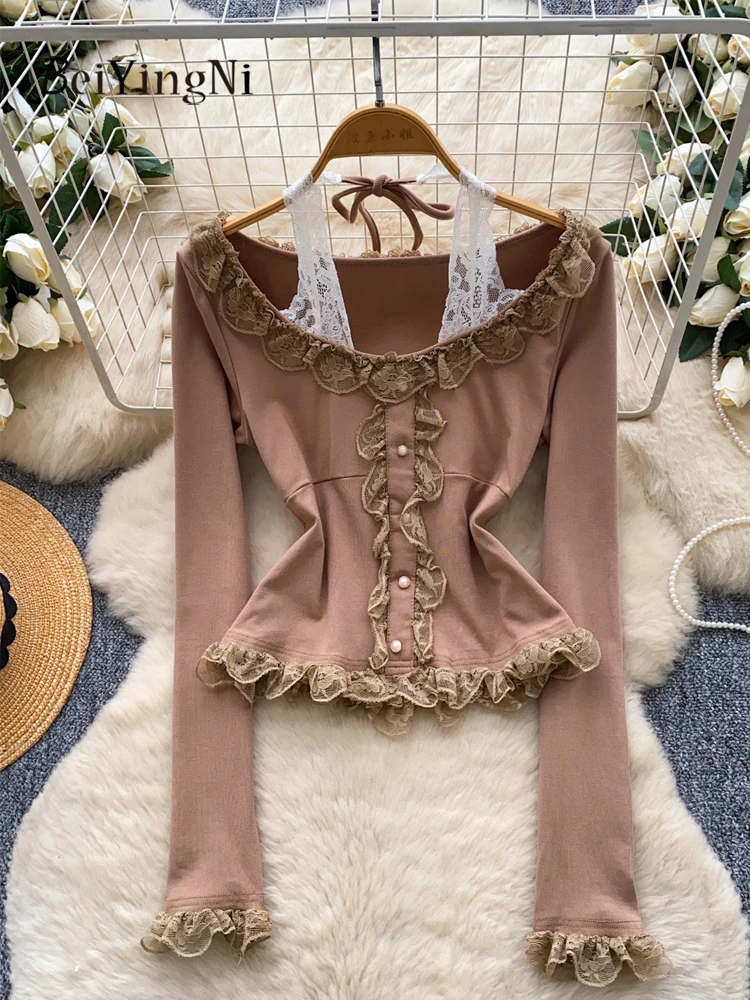 

Beiyingni, женские блузки, топы, кружевные лоскутные рубашки, осень-зима 2021, блузки с длинными рукавами цвета хаки, женские сексуальные рубашки Y2K для отдыха, рубашки на шее