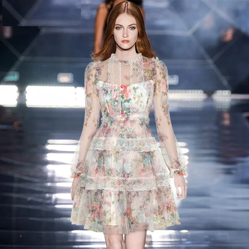 

2023 Fashion Runway Summer Women Elegant Floral Print Long Sleeve Mesh Holiday Party Dresses