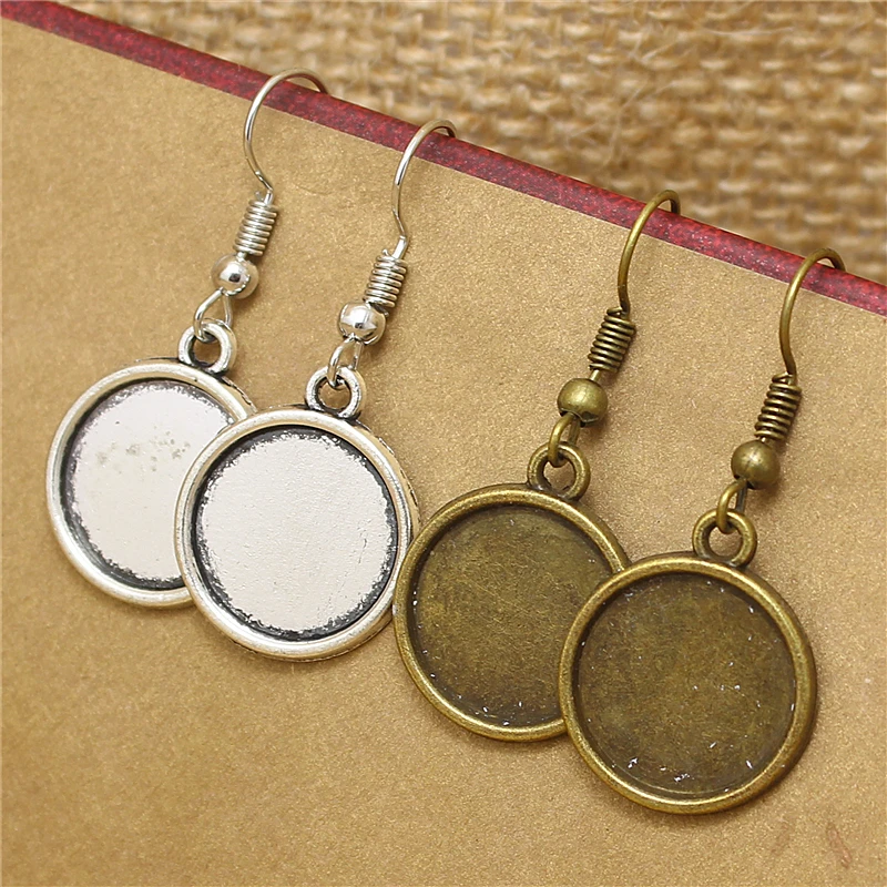 

40pcs/lot 14mm Antique Bronze Alloy Round Dangle Earrings Hooks Cabochon Base Setting DIY Jewelry Findings Making Fittings