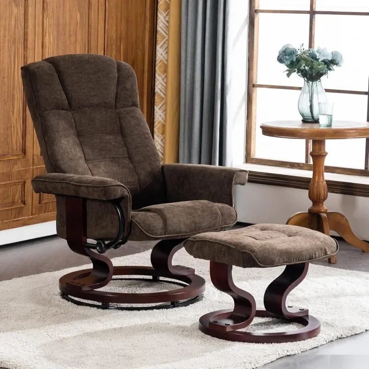 Swivel Recliner with Ottoman, Manual Recliner Chairs with Wood Base for Living Room Bedroom Office, Chenille Fabric 4919