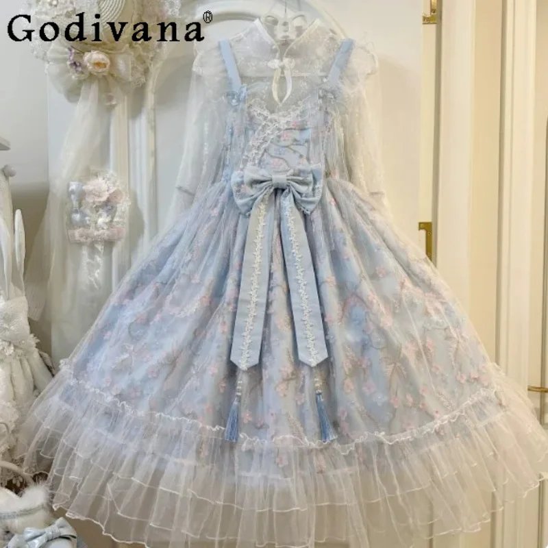 Lolita Chinese Elegant V-neck Sweet Big Bow Suspender Jsk Dress Spring Autumn High Waist A-line Age Reduction Fairy Dresses