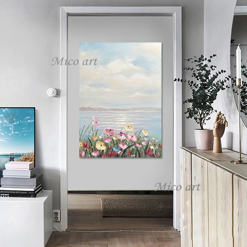 Lakeside Flowers Hand-painted Abstract Art, Nature Oil Paintings, Scenery Wall Picture, Thick Acrylic Canvas for Decor, Unframed