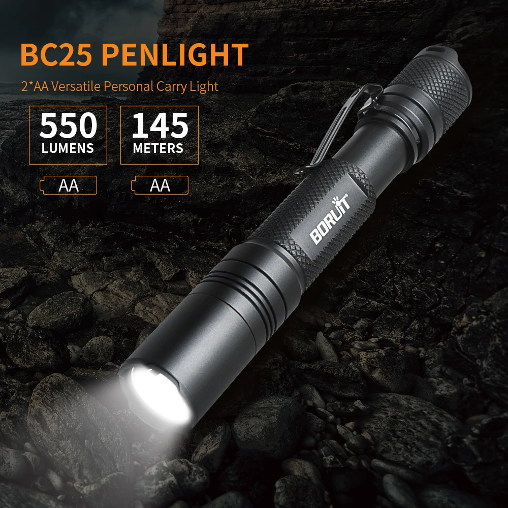 BORUiT BC25 LED Flashlight Mini Portable Medical Torch IPX8 Waterproof Use AA Battery Lamp with Memory Function Camping Lighting