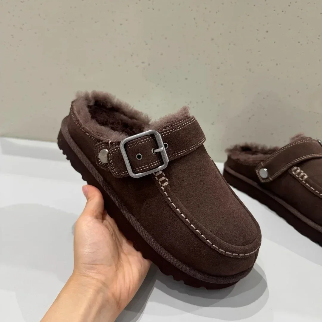 New Fashion Slippers Platform Winter Snow Boots Women Suede Sheepskin Fur Wool Fluffy Ladies Mules Warm Shoes for Women