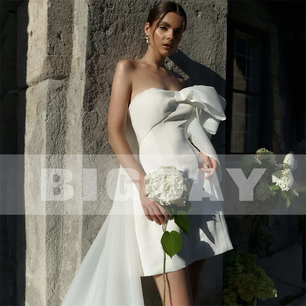 Sukienka ślubna damska BIGDAY, krótka, typu \"sheath\", z kokardą, odkryte plecy, bez ramiączek, plisowana, przed kolano, suknia ślubna Vestidos De Noiva, szyta na miarę, 2025