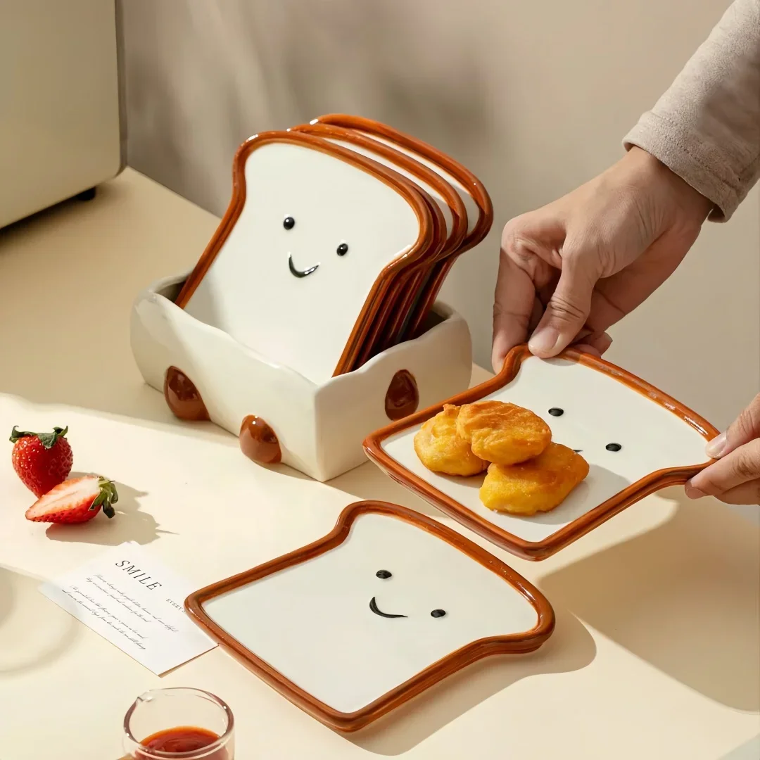 Cute Smile Toast Ceramic Plate Set w/Storage Box - Kawaii Dessert Fruit Dish for Breakfast Afternoon Tea - Kitchen Decor Tablewa